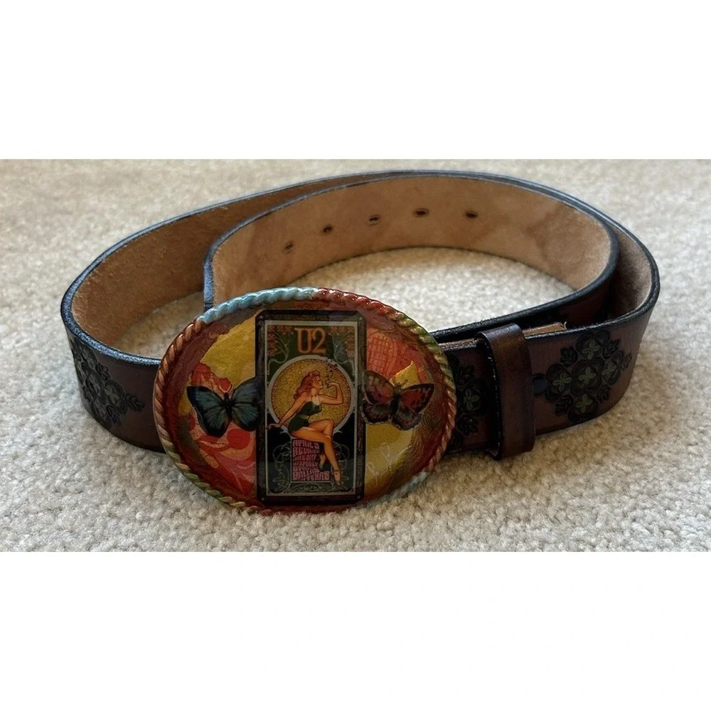 Tooled Leather Belt Butterfly Art Resin Buckle USA Bohemian L Psychedelic Pin Up